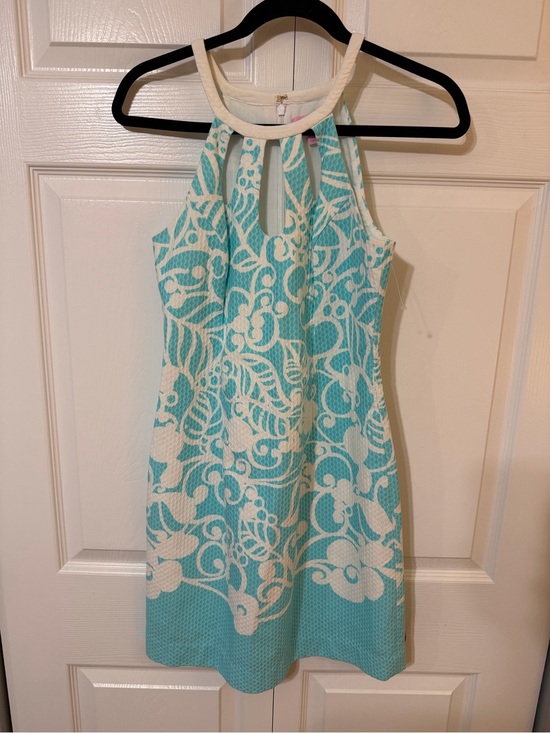 Lilly Pulitzer Dresses & Skirts - Lilly Pulitzer Aqua Blue and White Floral Halter Mini Dress